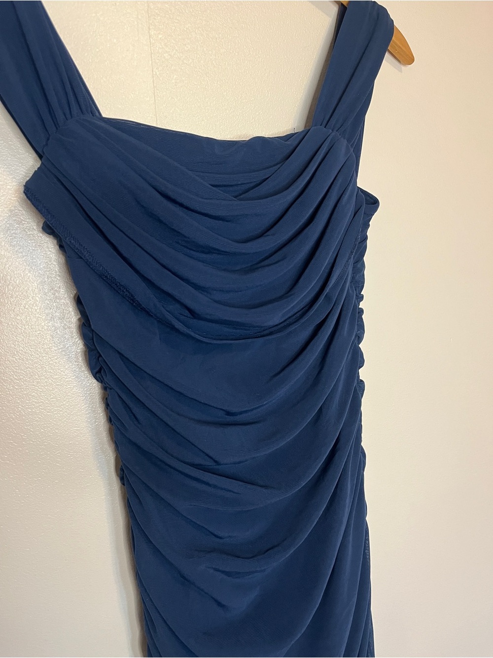 Draped Navy Midi Dress with Wide Straps